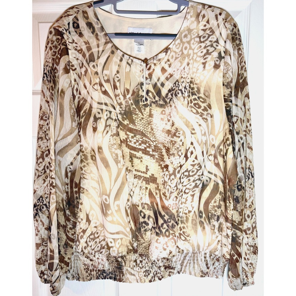 Alfred Dunner Women's Large Neutral Print Pullover Blouse w/Elastic Waistband